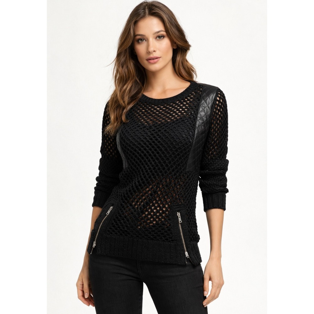 Rock & Republic Womens Black Open Knit Sweater Faux‎ Leather Moto Zipper S